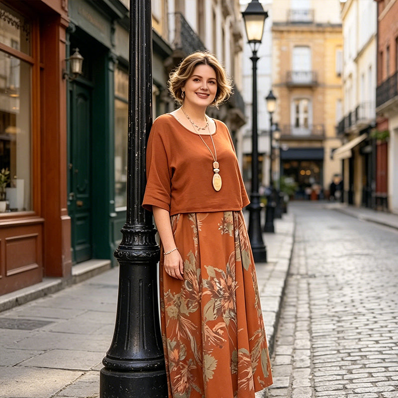 Women's Mid-Length Sleeve Blouse and Printed Dress Set