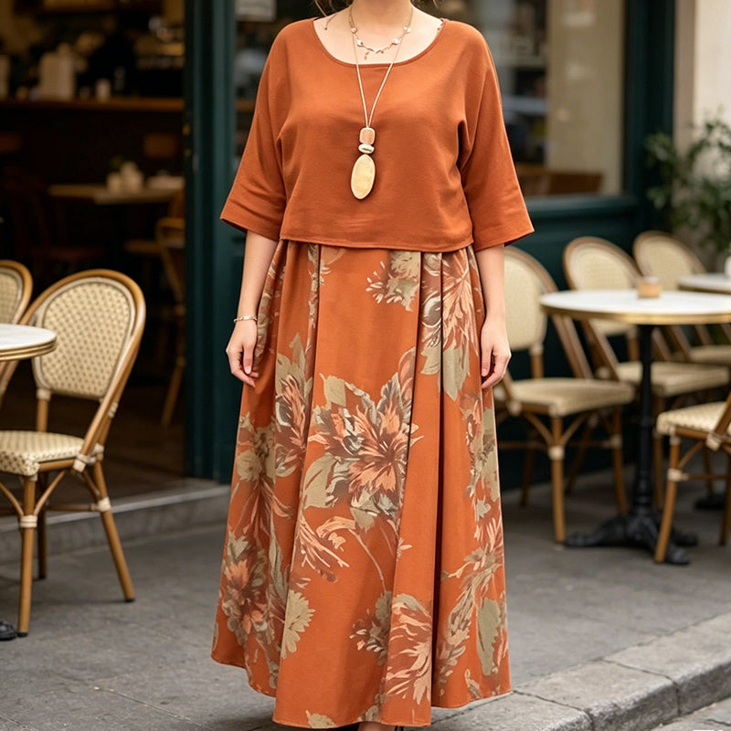 Women's Mid-Length Sleeve Blouse and Printed Dress Set