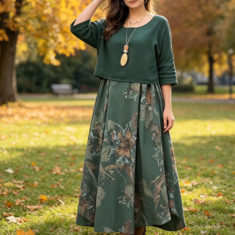 Women's Mid-Length Sleeve Blouse and Printed Dress Set