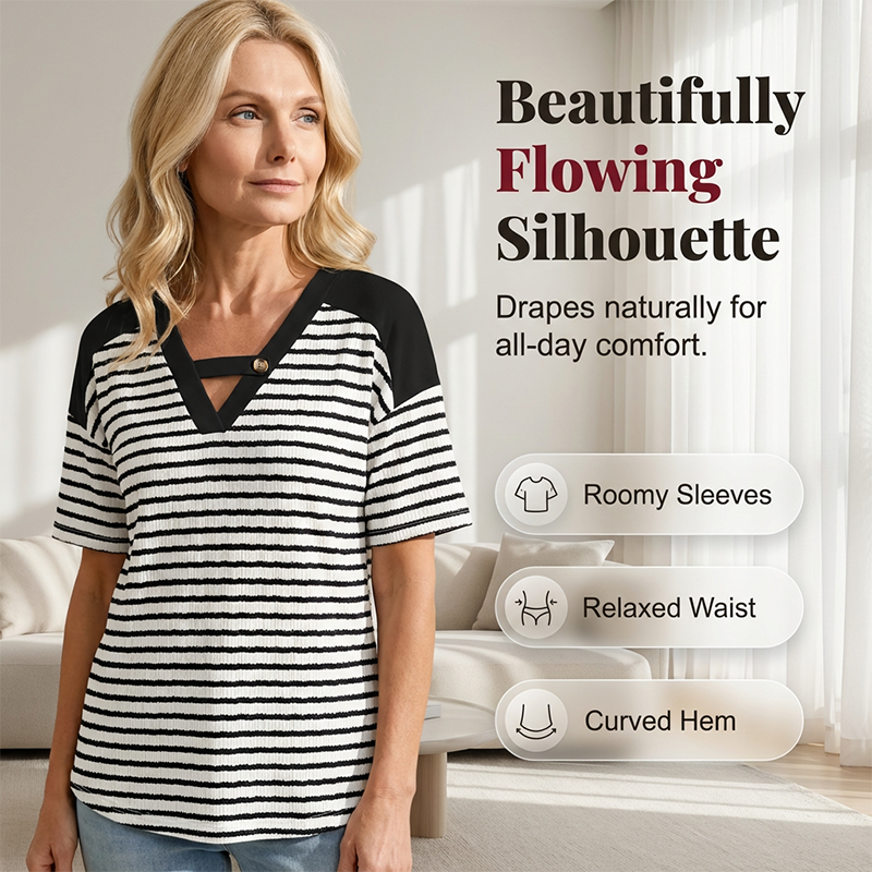Gestreiftes Kurzarm-T-Shirt für Damen mit V-Ausschnitt