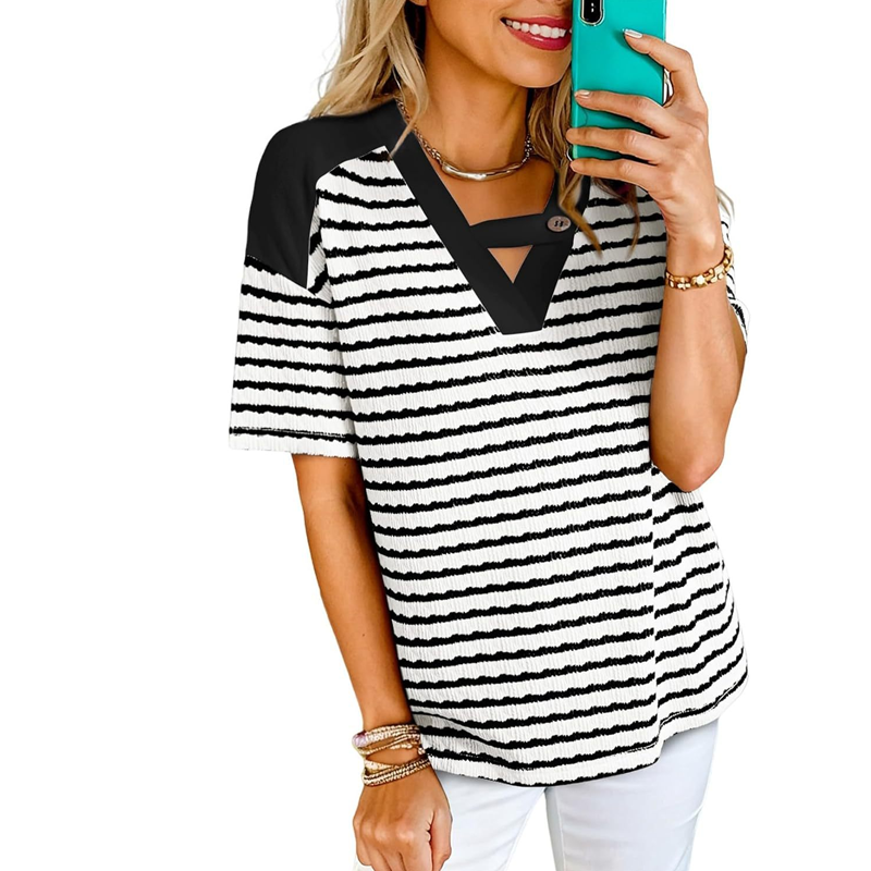 Gestreiftes Kurzarm-T-Shirt für Damen mit V-Ausschnitt