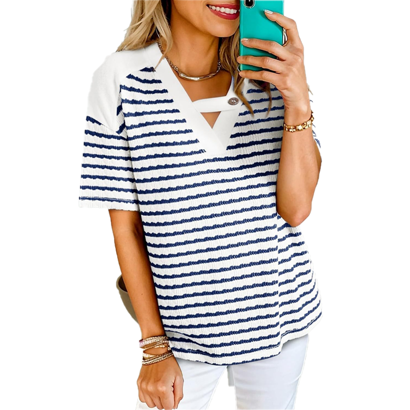 Gestreiftes Kurzarm-T-Shirt für Damen mit V-Ausschnitt