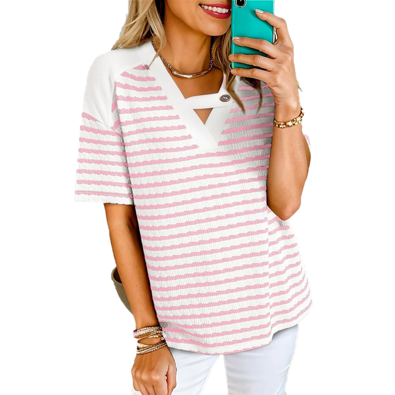 Gestreiftes Kurzarm-T-Shirt für Damen mit V-Ausschnitt