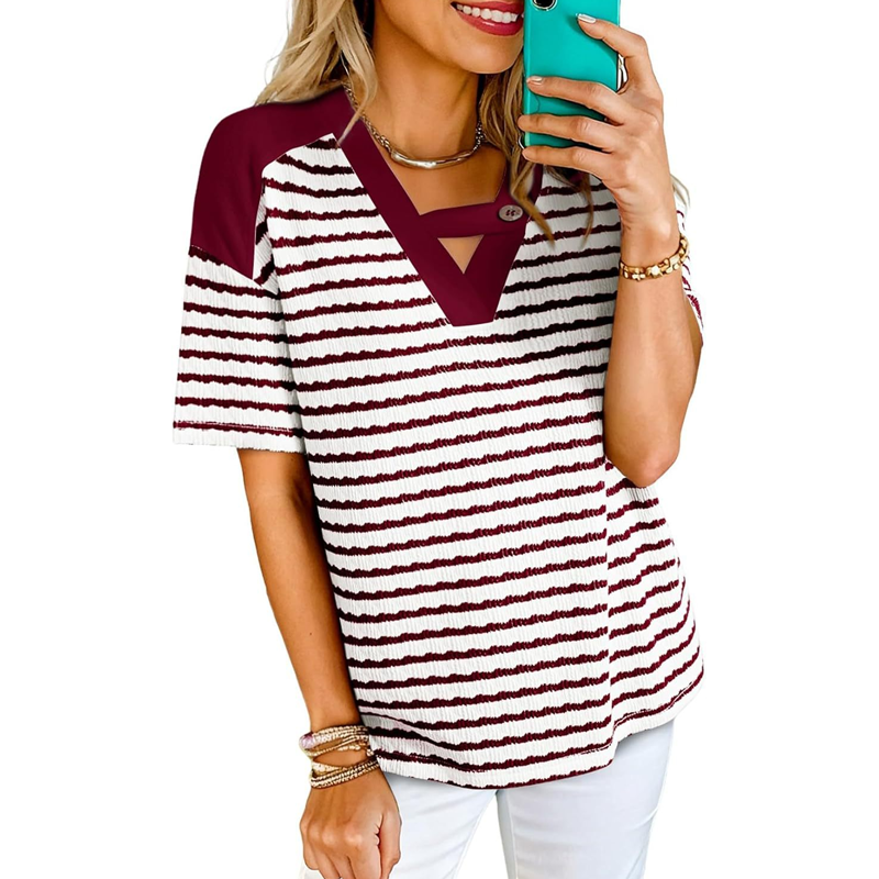 Gestreiftes Kurzarm-T-Shirt für Damen mit V-Ausschnitt
