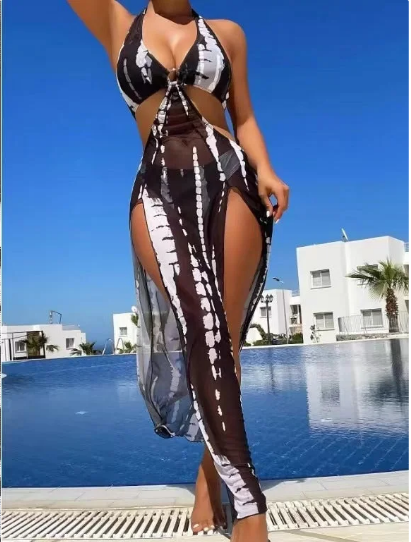 Gluschwein - ⏰ Nur noch heute limitierter 55% Rabatt! 👙 2-teiliges Bikini-Set mit transparentem Strand-Maxirock, Ring-Detail am Halsausschnitt, elastischer Stoff, trendiger Schwarz-Weiß Batik Print für Pool, Strand & Sommerurlaub ✨