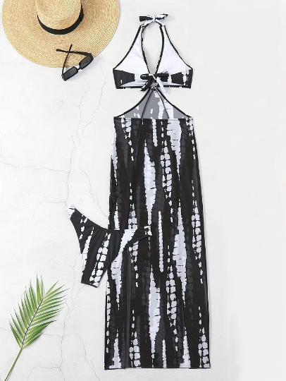 Gluschwein - ⏰ Nur noch heute limitierter 55% Rabatt! 👙 2-teiliges Bikini-Set mit transparentem Strand-Maxirock, Ring-Detail am Halsausschnitt, elastischer Stoff, trendiger Schwarz-Weiß Batik Print für Pool, Strand & Sommerurlaub ✨