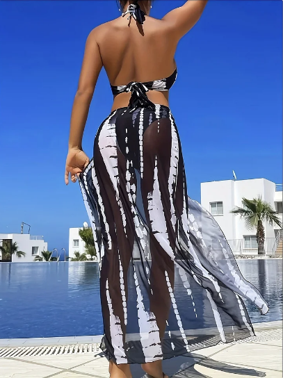 Gluschwein - ⏰ Nur noch heute limitierter 55% Rabatt! 👙 2-teiliges Bikini-Set mit transparentem Strand-Maxirock, Ring-Detail am Halsausschnitt, elastischer Stoff, trendiger Schwarz-Weiß Batik Print für Pool, Strand & Sommerurlaub ✨