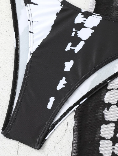 Gluschwein - ⏰ Nur noch heute limitierter 55% Rabatt! 👙 2-teiliges Bikini-Set mit transparentem Strand-Maxirock, Ring-Detail am Halsausschnitt, elastischer Stoff, trendiger Schwarz-Weiß Batik Print für Pool, Strand & Sommerurlaub ✨
