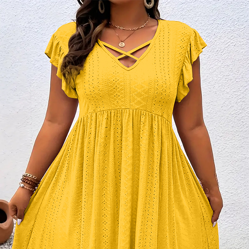 👗 50% RABATT! ⏰ Damenkleid mit V-Ausschnitt & Rüschenbesatz – inklusive kostenloser Halskette – Romantischer Look, leichter Stoff & perfekt für Frühling, Sommer oder besondere Anlässe 🌸