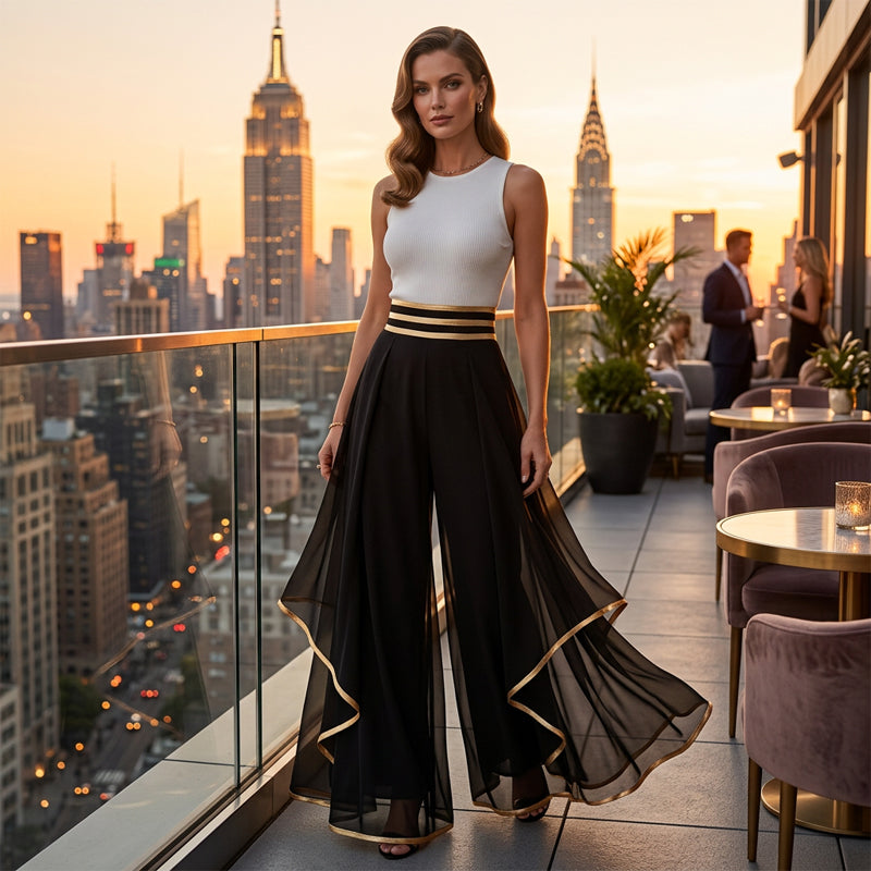 👖 50% RABATT! ✨ Elegante weite Hosen mit Goldrand – Fließend, luftig & perfekt für besondere Anlässe 💫