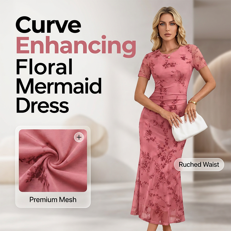 Damen-Midikleid im Meerjungfrauenstil mit Blumenmuster und Mesh