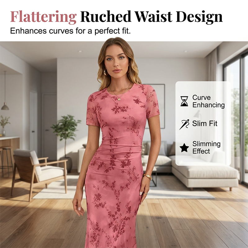 Damen-Midikleid im Meerjungfrauenstil mit Blumenmuster und Mesh