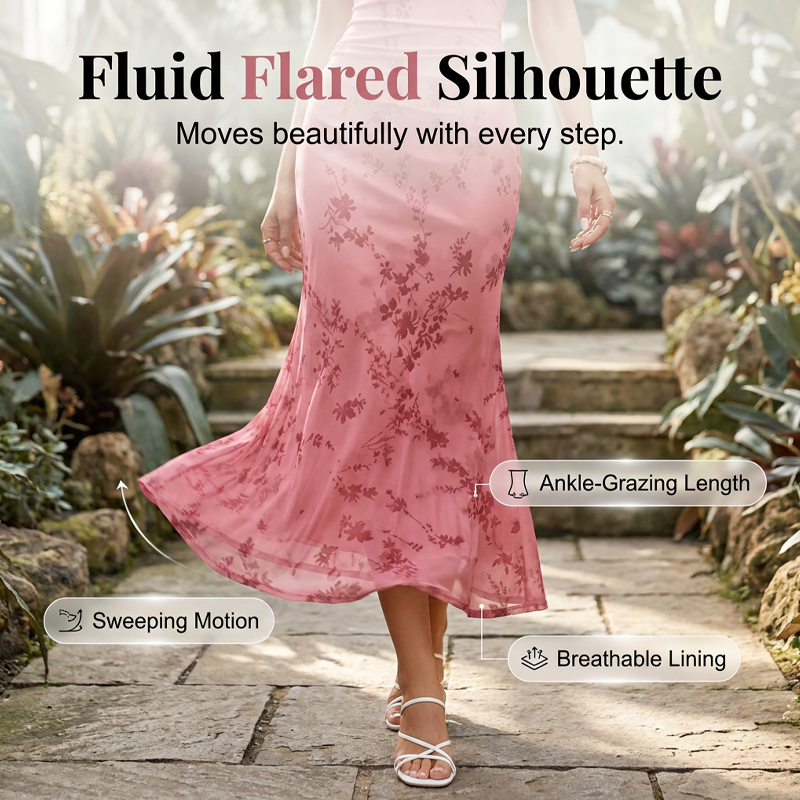 Damen-Midikleid im Meerjungfrauenstil mit Blumenmuster und Mesh
