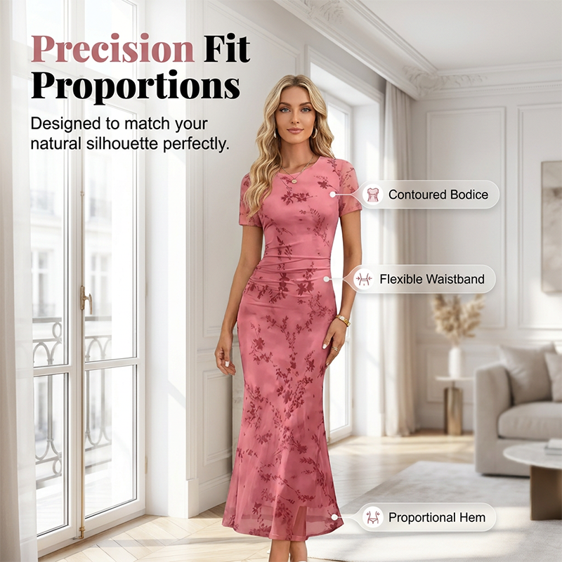 Damen-Midikleid im Meerjungfrauenstil mit Blumenmuster und Mesh