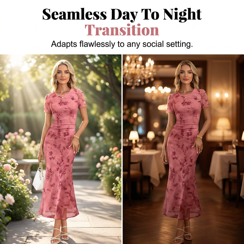 Damen-Midikleid im Meerjungfrauenstil mit Blumenmuster und Mesh