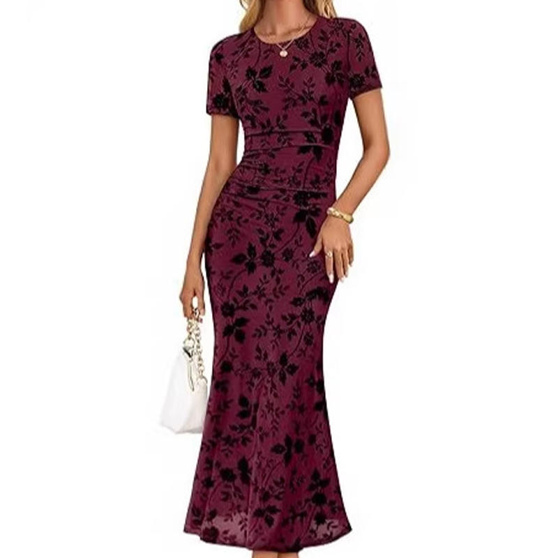 Damen-Midikleid im Meerjungfrauenstil mit Blumenmuster und Mesh