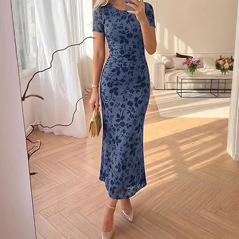 Damen-Midikleid im Meerjungfrauenstil mit Blumenmuster und Mesh