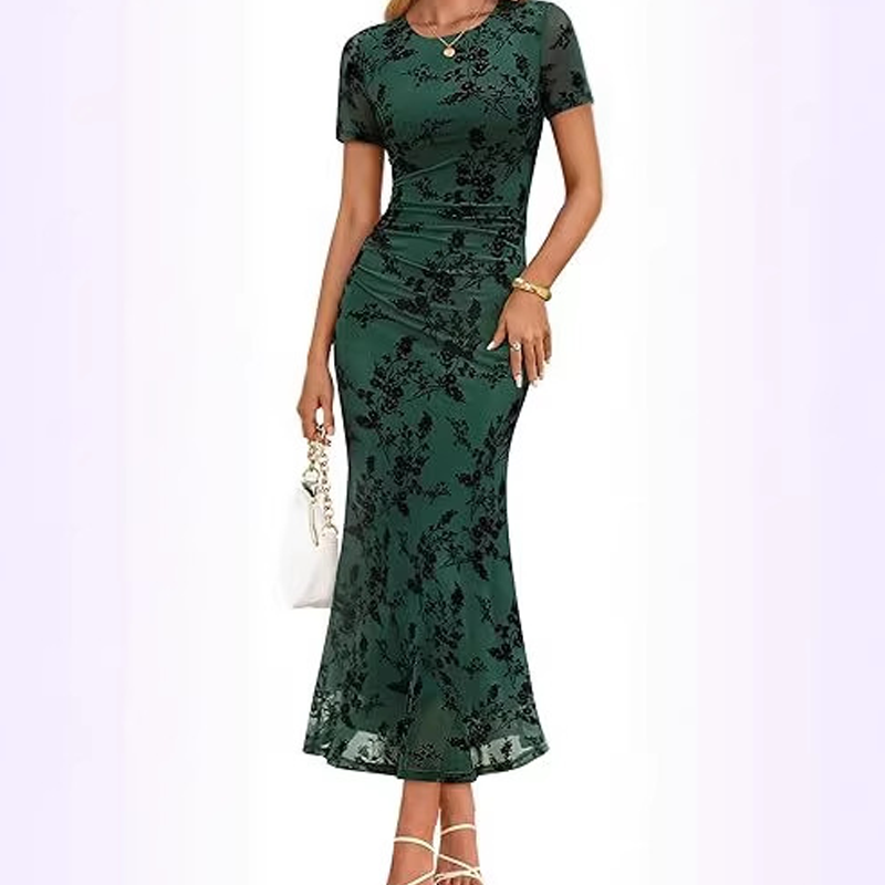 Damen-Midikleid im Meerjungfrauenstil mit Blumenmuster und Mesh