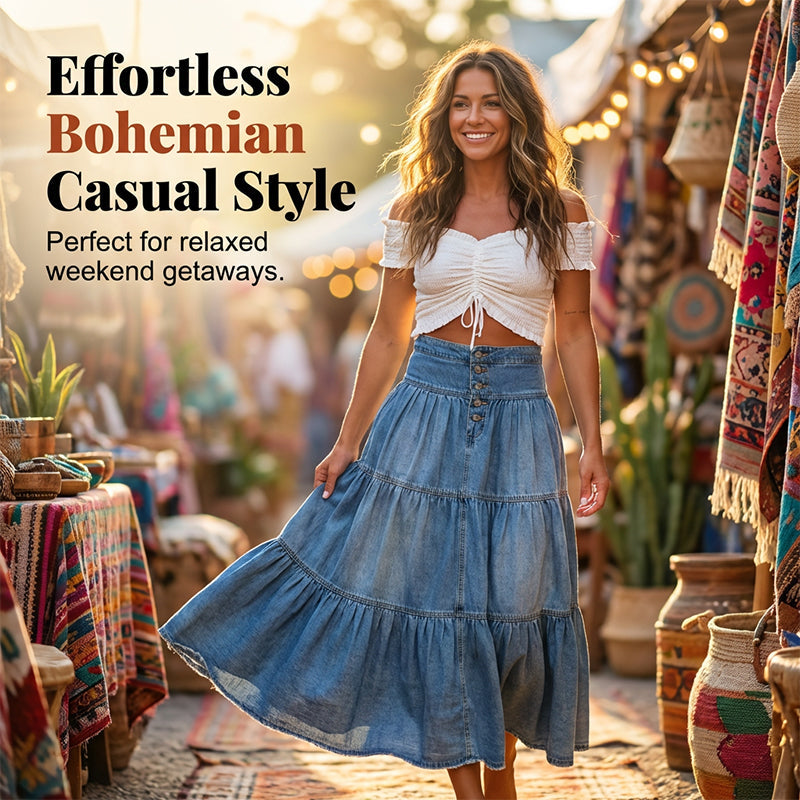 Gluschwein - 💙 50% RABATT+Versandkostenfrei! 👗 Damen Hochbund Stufenrock A-Linie Denim Maxirock – Figurumschmeichelnd, müheloser Chic & perfekt für jeden Tag 🌿