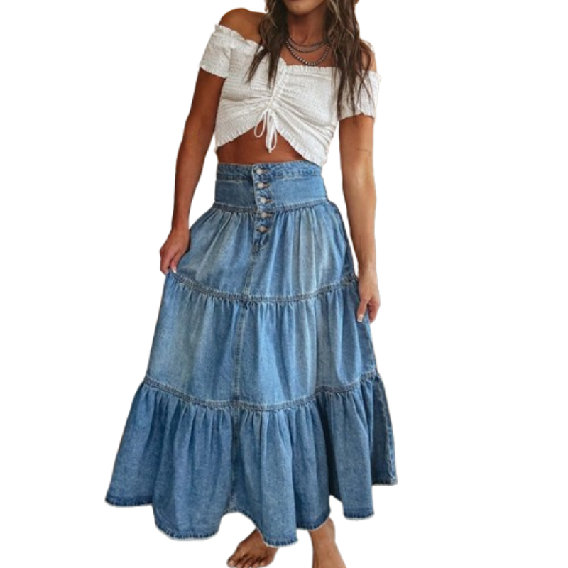 Gluschwein - 💙 50% RABATT+Versandkostenfrei! 👗 Damen Hochbund Stufenrock A-Linie Denim Maxirock – Figurumschmeichelnd, müheloser Chic & perfekt für jeden Tag 🌿