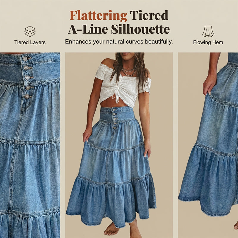 Gluschwein - 💙 50% RABATT+Versandkostenfrei! 👗 Damen Hochbund Stufenrock A-Linie Denim Maxirock – Figurumschmeichelnd, müheloser Chic & perfekt für jeden Tag 🌿