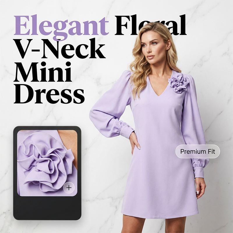 Elegant V-Neck Dress with 3D Floral Appliqué and Slit Sleeves