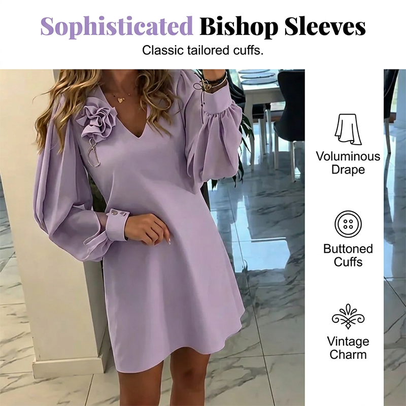 Elegant V-Neck Dress with 3D Floral Appliqué and Slit Sleeves
