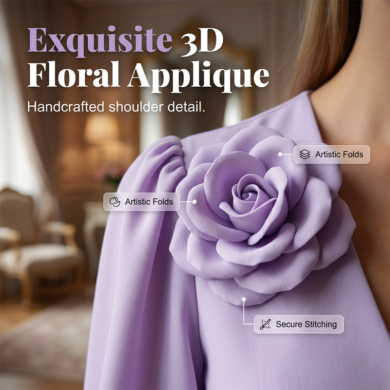 Elegant V-Neck Dress with 3D Floral Appliqué and Slit Sleeves