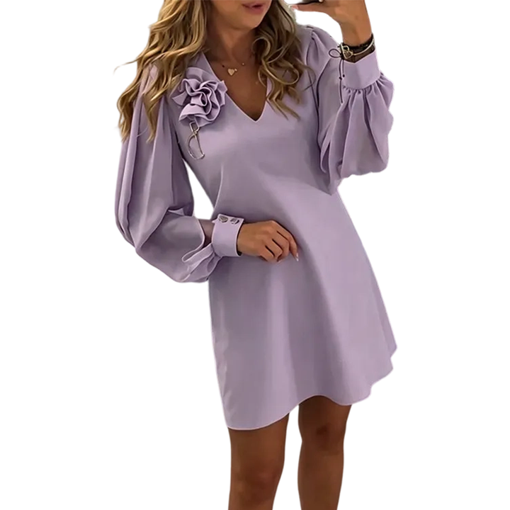 Elegant V-Neck Dress with 3D Floral Appliqué and Slit Sleeves