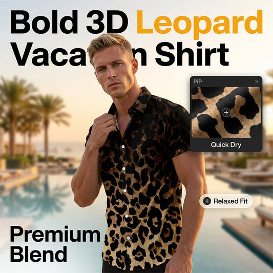 Gluschwein - ✨Sommer-Sonderangebot 50% RABATT!❤️‍🔥Herren Kurzarmhemd Leopardenmuster Knopfleiste Schwarz Polyester Sommershirt