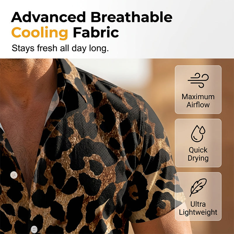 Gluschwein - ✨Sommer-Sonderangebot 50% RABATT!❤️‍🔥Herren Kurzarmhemd Leopardenmuster Knopfleiste Schwarz Polyester Sommershirt