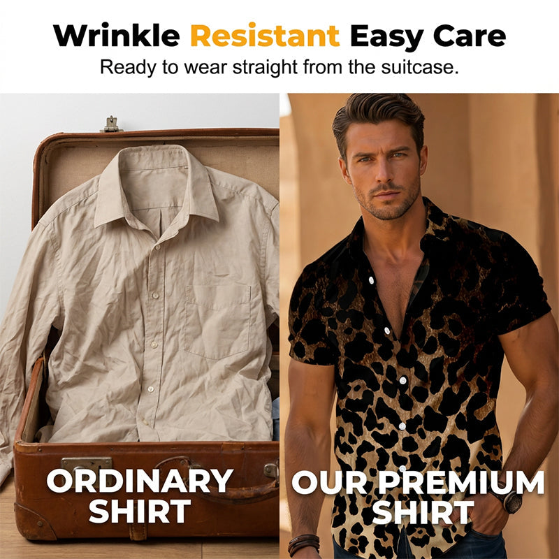 Gluschwein - ✨Sommer-Sonderangebot 50% RABATT!❤️‍🔥Herren Kurzarmhemd Leopardenmuster Knopfleiste Schwarz Polyester Sommershirt
