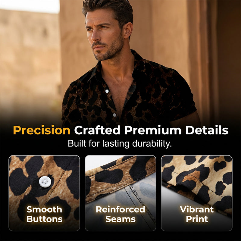 Gluschwein - ✨Sommer-Sonderangebot 50% RABATT!❤️‍🔥Herren Kurzarmhemd Leopardenmuster Knopfleiste Schwarz Polyester Sommershirt