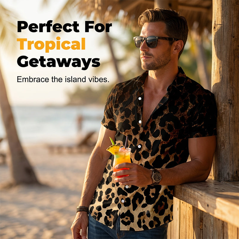 Gluschwein - ✨Sommer-Sonderangebot 50% RABATT!❤️‍🔥Herren Kurzarmhemd Leopardenmuster Knopfleiste Schwarz Polyester Sommershirt