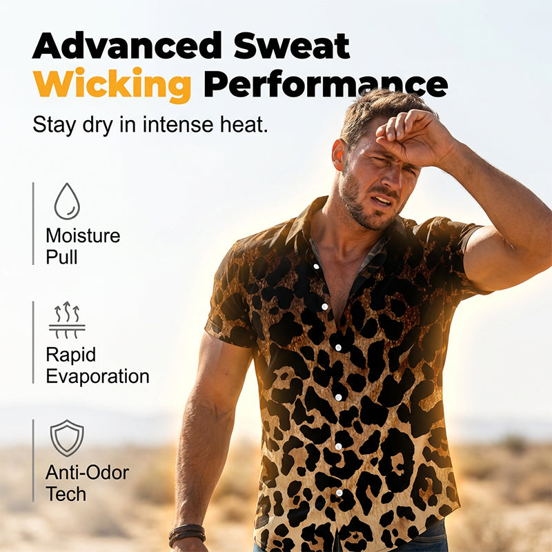 Gluschwein - ✨Sommer-Sonderangebot 50% RABATT!❤️‍🔥Herren Kurzarmhemd Leopardenmuster Knopfleiste Schwarz Polyester Sommershirt