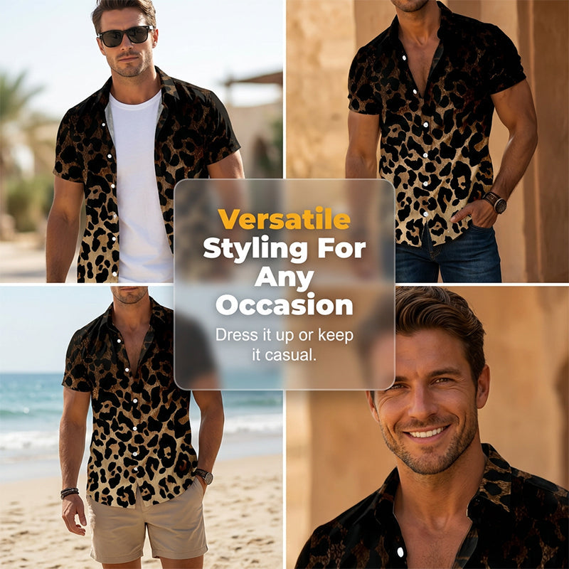 Gluschwein - ✨Sommer-Sonderangebot 50% RABATT!❤️‍🔥Herren Kurzarmhemd Leopardenmuster Knopfleiste Schwarz Polyester Sommershirt