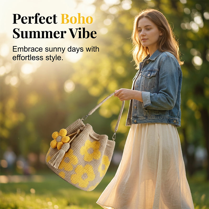 🌻 Handgefertigte Häkeltasche mit Blumenmuster – leichte Baumwollmischung, geräumig & boho – perfekt für Sommer & Strand