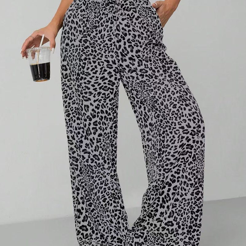Modische, weite Hose mit geradem Bein und Leopardenmuster für Damen