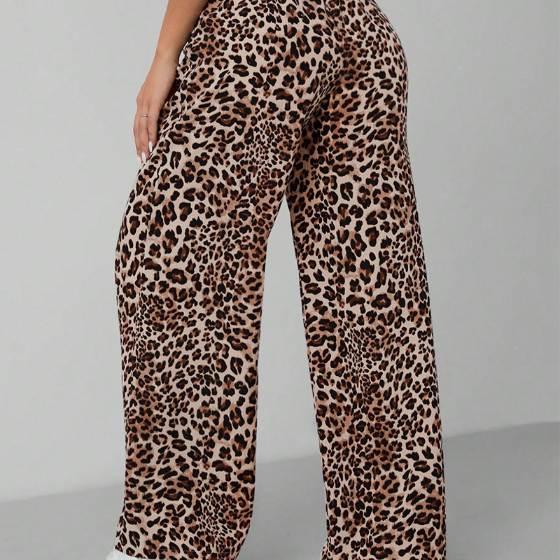 Modische, weite Hose mit geradem Bein und Leopardenmuster für Damen