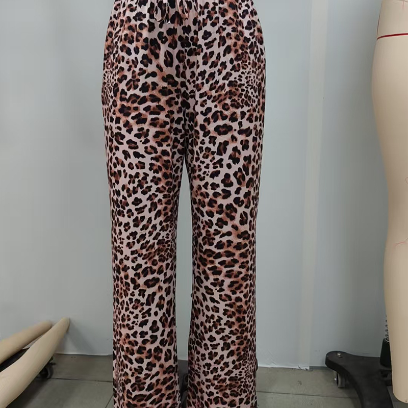 Modische, weite Hose mit geradem Bein und Leopardenmuster für Damen