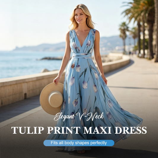 Gluschwein - 👗 50% RABATT! 🌼 Elegantes V-Ausschnitt Maxikleid mit Tulpenprint – Zeitlos, feminin, leicht & luftig – perfekt für Sommer, Urlaub oder besondere Anlässe ✨