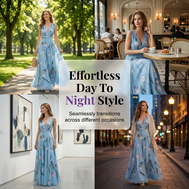 👗 50% RABATT! 🌼 Elegantes V-Ausschnitt Maxikleid mit Tulpenprint – Zeitlos, feminin, leicht & luftig – perfekt für Sommer, Urlaub oder besondere Anlässe ✨