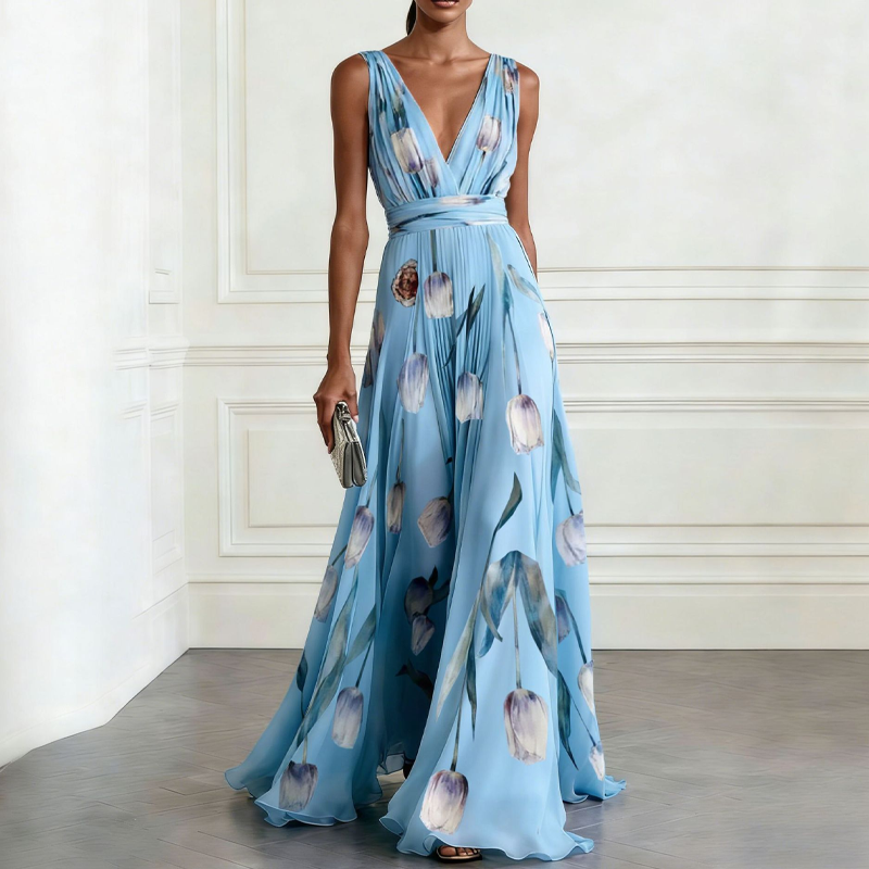 👗 50% RABATT! 🌼 Elegantes V-Ausschnitt Maxikleid mit Tulpenprint – Zeitlos, feminin, leicht & luftig – perfekt für Sommer, Urlaub oder besondere Anlässe ✨