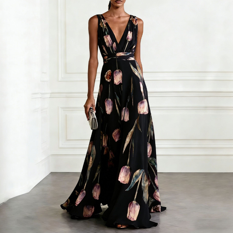 👗 50% RABATT! 🌼 Elegantes V-Ausschnitt Maxikleid mit Tulpenprint – Zeitlos, feminin, leicht & luftig – perfekt für Sommer, Urlaub oder besondere Anlässe ✨