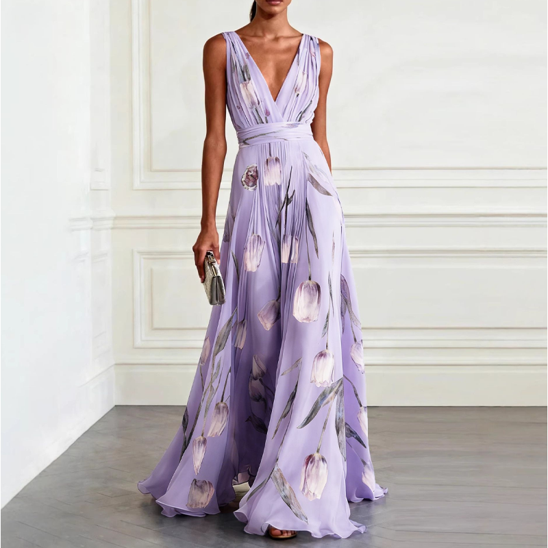 👗 50% RABATT! 🌼 Elegantes V-Ausschnitt Maxikleid mit Tulpenprint – Zeitlos, feminin, leicht & luftig – perfekt für Sommer, Urlaub oder besondere Anlässe ✨
