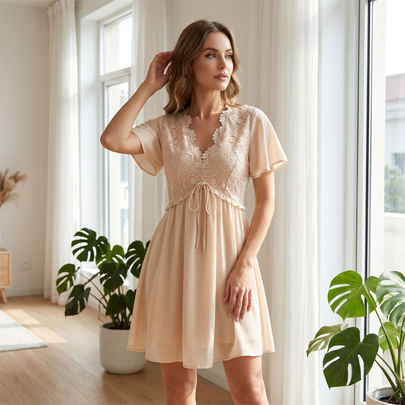 👗✨ Elegantes Damenkleid aus Spitze mit V-Ausschnitt | 💃 A-Linien-Schnitt mit fließenden Ärmeln | 🎀 Verstellbare Taille | 📏 Größen S–5XL