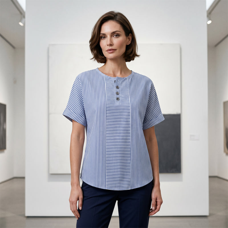 👔✨ 50% RABATT! Damen gestreiftes Henley-Shirt – Bügelfrei, bequem & hautfreundlich – Lässiger Chic für Freizeit, Büro & Urlaub 🌿