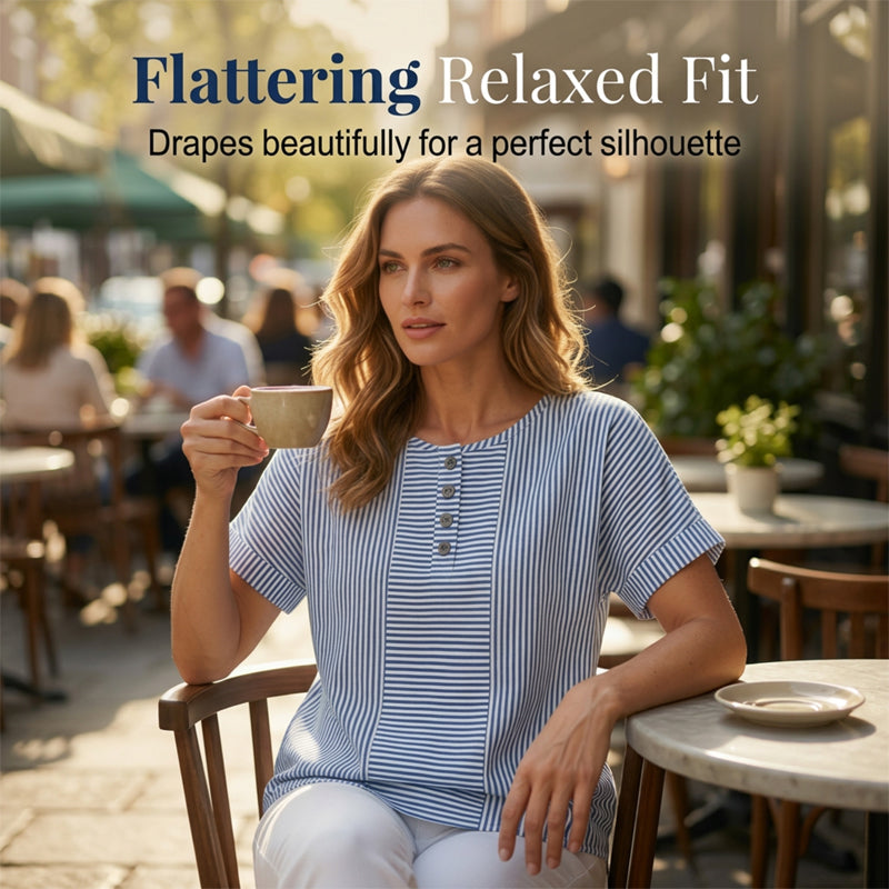 👔✨ 50% RABATT! Damen gestreiftes Henley-Shirt – Bügelfrei, bequem & hautfreundlich – Lässiger Chic für Freizeit, Büro & Urlaub 🌿