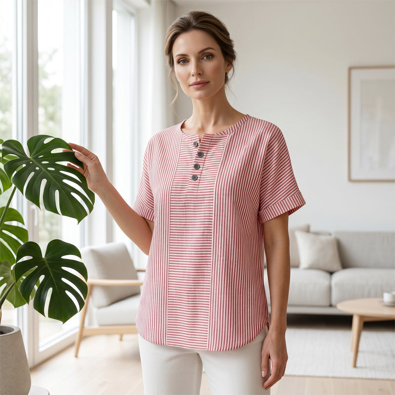 👔✨ 50% RABATT! Damen gestreiftes Henley-Shirt – Bügelfrei, bequem & hautfreundlich – Lässiger Chic für Freizeit, Büro & Urlaub 🌿