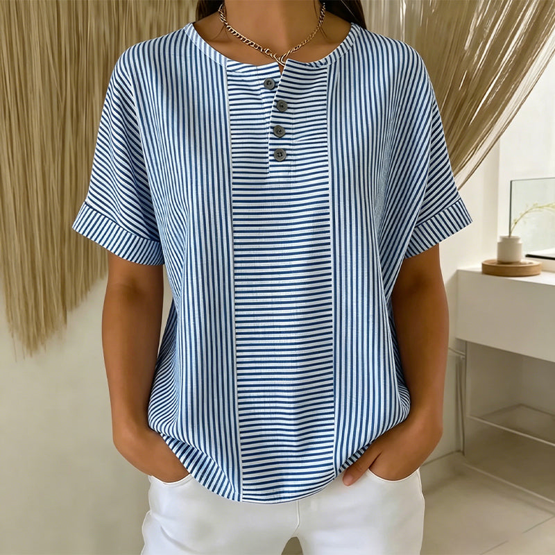 👔✨ 50% RABATT! Damen gestreiftes Henley-Shirt – Bügelfrei, bequem & hautfreundlich – Lässiger Chic für Freizeit, Büro & Urlaub 🌿